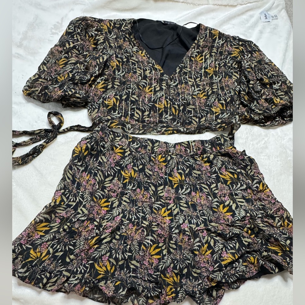Zara Black Floral Skater Skirt and Wrap Top